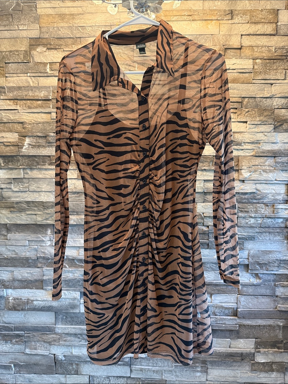 R2 Brown and Black Tiger-Stripe Button-Front Long Sleeve Dress